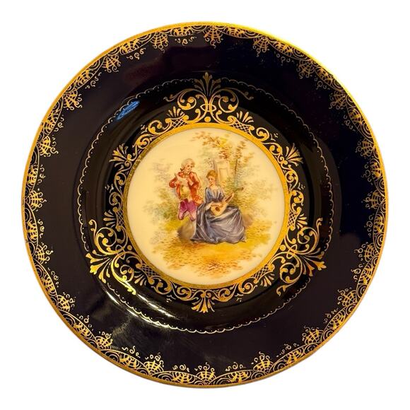 RARE Richard Klemm Dresden Hand Painted Watteau Scene Cobalt Gold 6” Plate - Picture 1 of 11